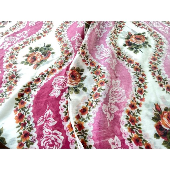 Vintage 70s curtains, white, hot pink striped, sheer floral panels, pair - Picture 6 of 10